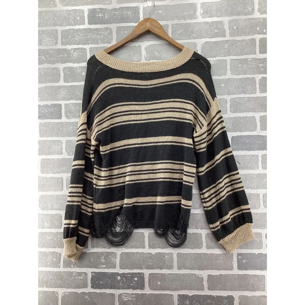 POL Striped Distressed Hem Sweater Charcoal Tan Boho Grunge SMST151 Womens Small
